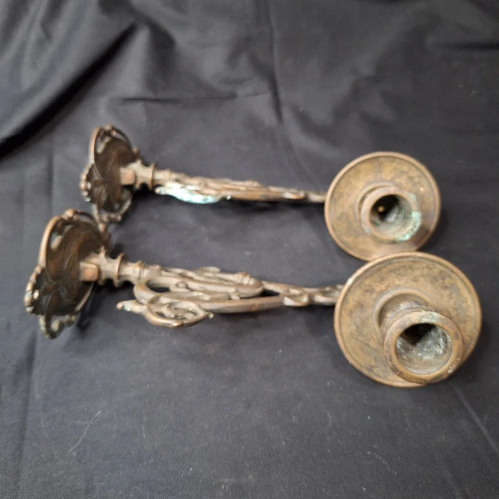 Antique Brass Wall Sconce Candle Holders Pair Ornate Art Nouveau Swivel Arm Cast